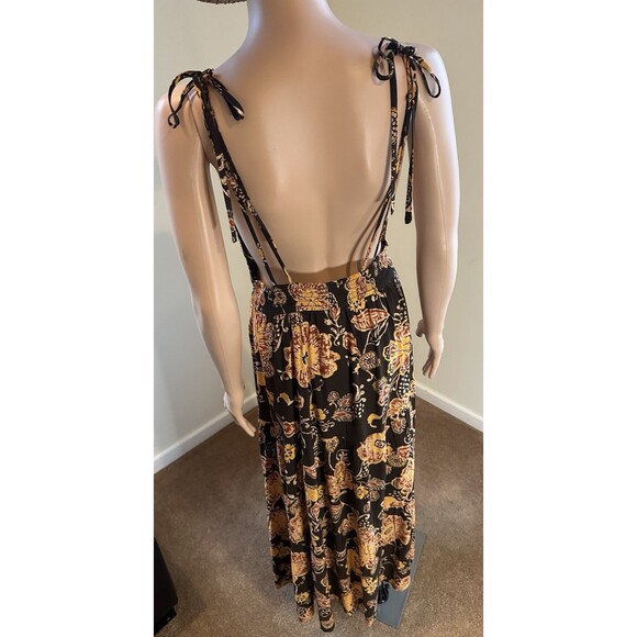 Patrons of Peace Maxi Dress M Brown Floral Boho Tie-Strap Plunge V-Neck Backless - Picture 5 of 14